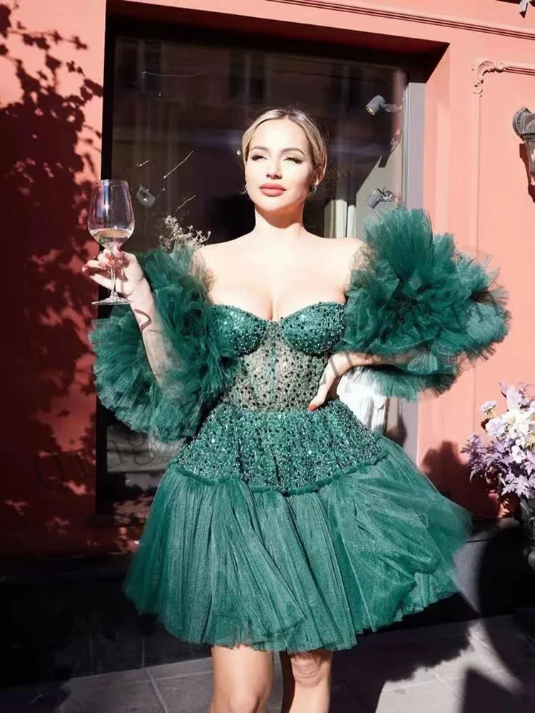 

S2201 Luxury Green Girl Mini/Short Tulle Beads Formal Evening Dress/Bridal Wedding Party Prom Gowns for Birthday Free Shipping