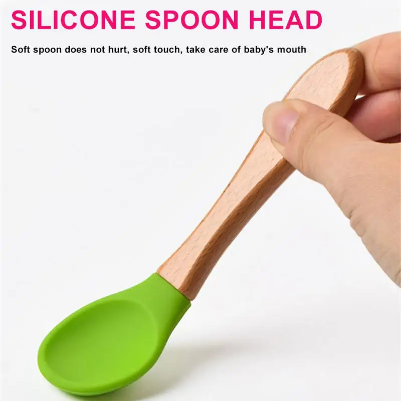 Tableware Baby Spoon Fork Set Children's Silicone Wooden Feeding Training Baby Dinnerware Cutlery Feeding Supplies 2pcs/set cutlery set,western style cutlery set,picnic cutlery set,picnic tableware,camping cutlery set,wooden cutlery set,baby feeding spoons