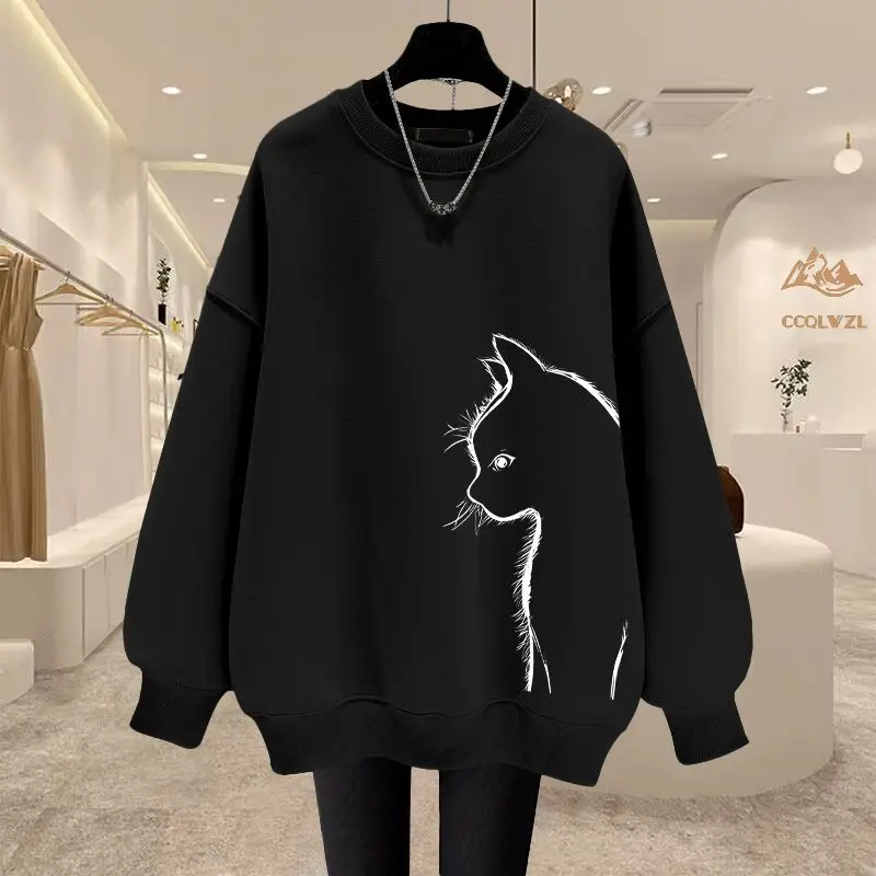 Oversize Black O-Neck Hoodie for Women Loose Spring Autumn New Long Sleeve All-match Vintage Tops Tees Fashion Casual Clothing
