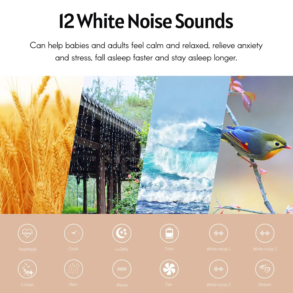 White Noise Machine Sleep Aid Device Baby White Sound Machine Soother Adjustable Night Light with 12 Soothing Sounds 7 Lighting Colors Timer for Baby Students Adults