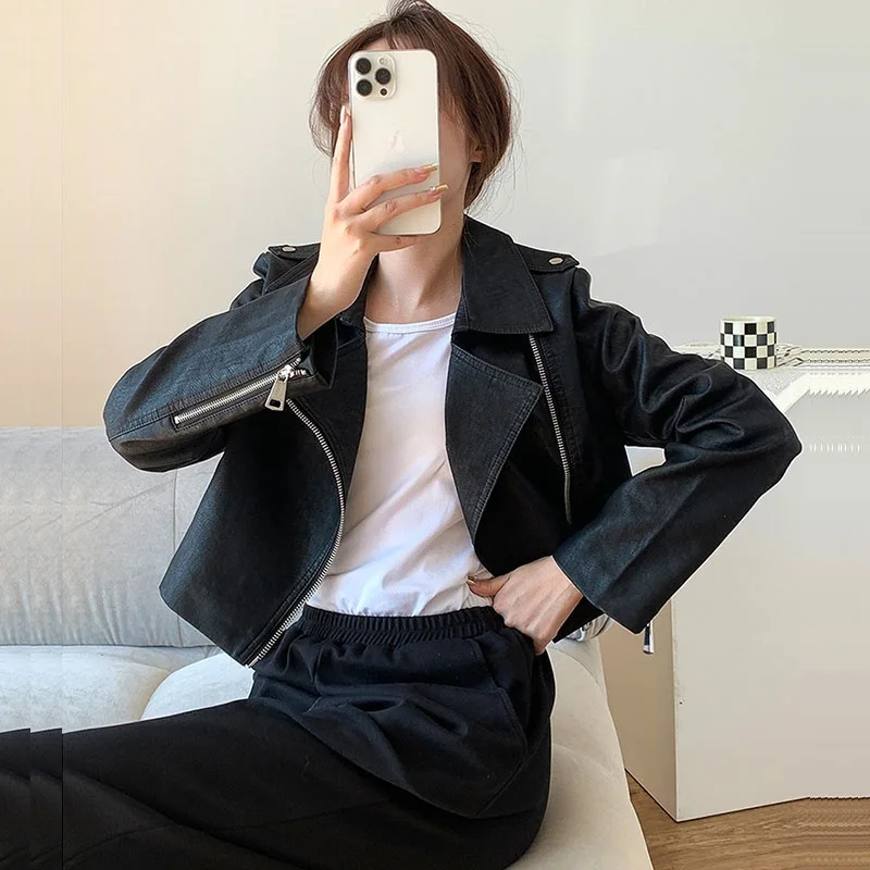 용수철 가을 한국 여성 인조 PU 가죽 재킷, 하이웨이스트 슬림 숏 바이커 재킷, 라펠 긴팔 여성 아웃웨어, 블랙
