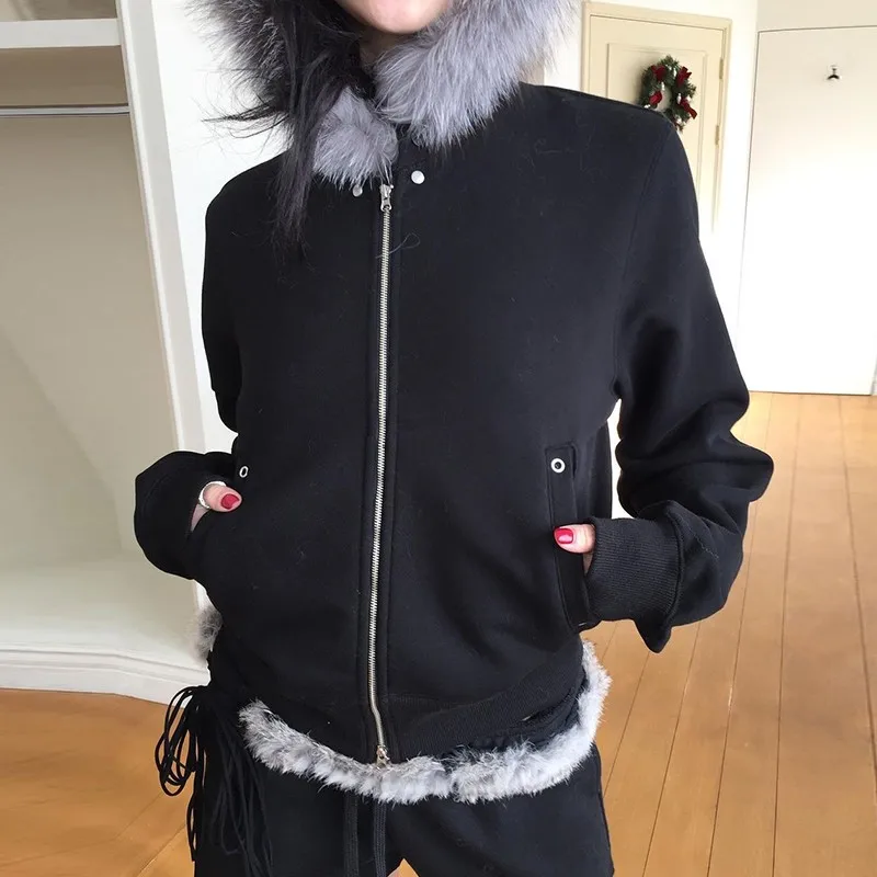Karrram Japanese Y2k Fur Coat Women Vintage Korean Style Black Hooded Jacket Grunge Aesthetics Fur Collar Zipper Coat Thin 00s 3