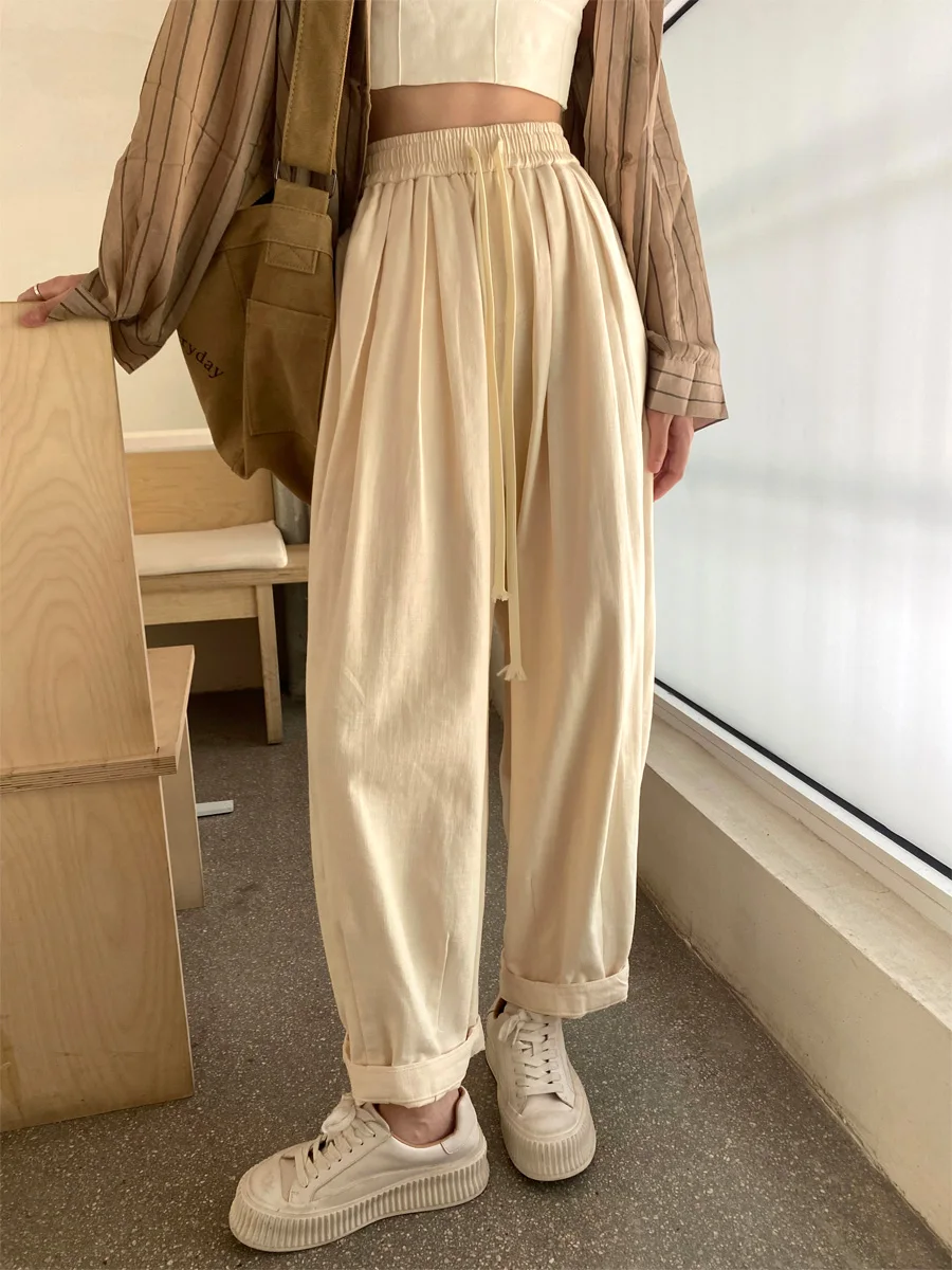 

Beige overalls women's summer and autumn high-waisted cotton Japanese loose bloomers casual straight leg pants