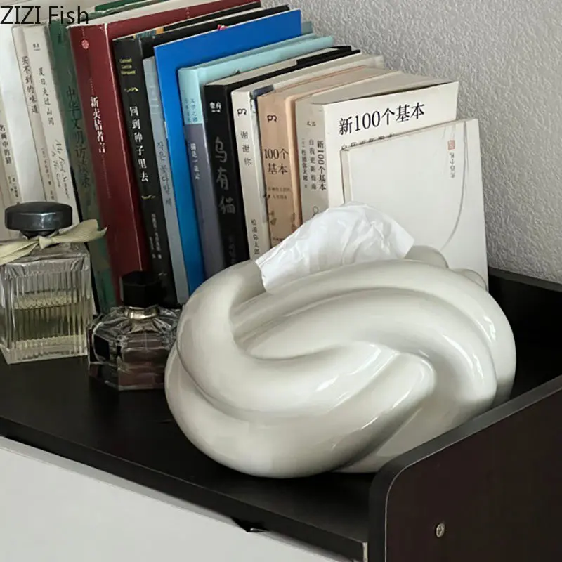 Ceramic Tissue Box Twisted Knot Tissue Box Paper Extractor Porcelain Paper Towel Case Napkin Holder Modern Home Decoration 4