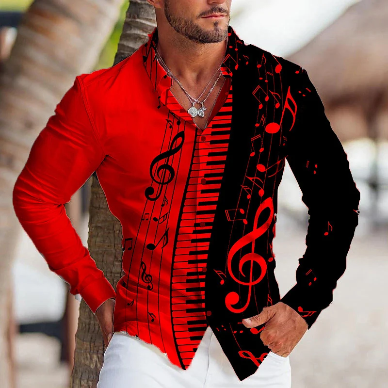 Linen Fashion Stand Collar Men Shirts Cool Music Festival Notes Piano Keys HD Printing Long Sleeves Party Fashion Plus Size mens dress shirt