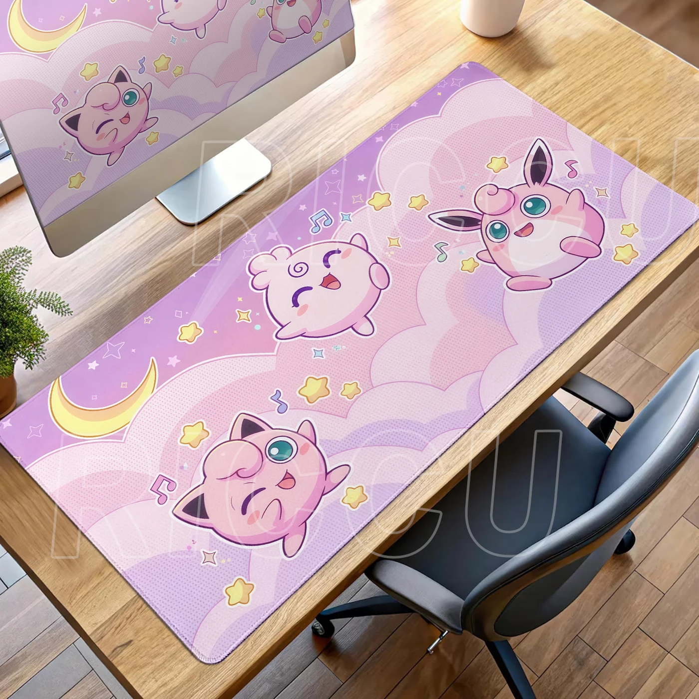 Kawaii Pink Anime Desk Mat with Clefairy & Jigglypuff Design