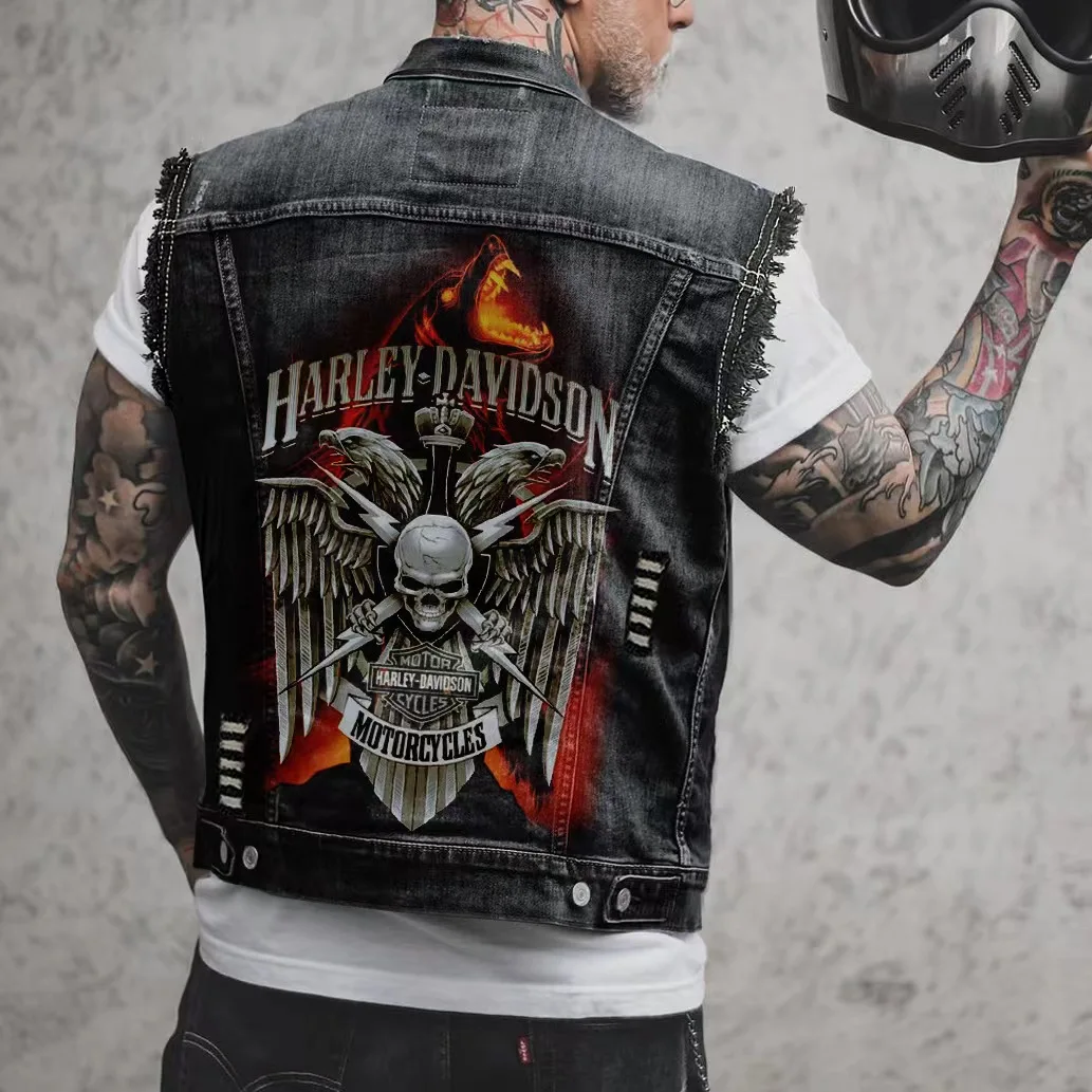 

2024 New Denim Vest Printed Tribal Style Top for Men's Sportswear Denim Vest Motorcycle Vest Motorcycle Casual Denim Warehouse