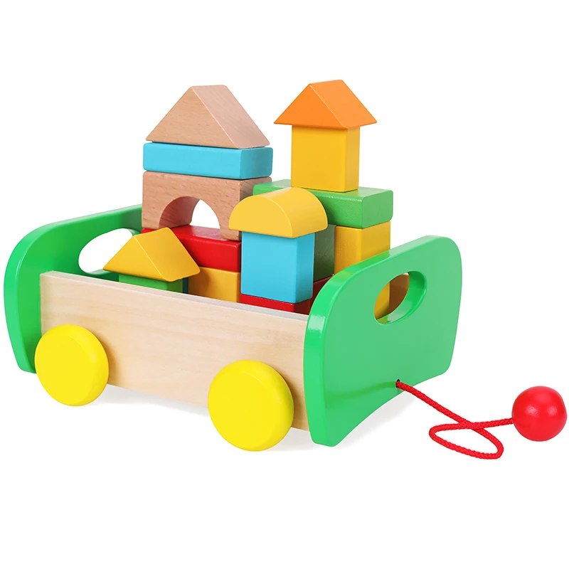 Baby Wooden Blocks Colorful Block Car In A Pull Wagon For Easy Storage And Movement Most Entertaining Wooden Toy For Toddlers