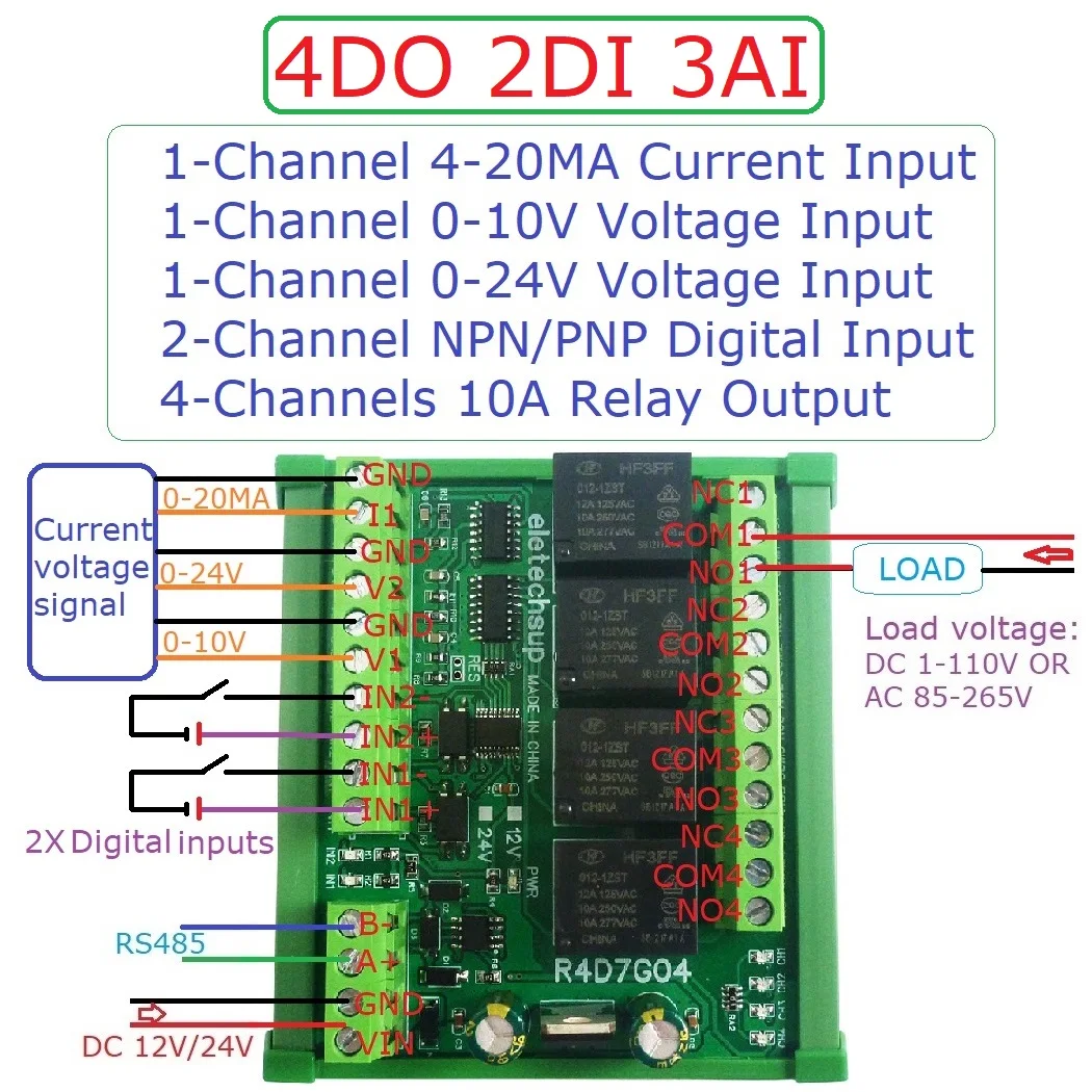 Multifunction Relay Module 4DO 2DI 3AI RS485 Modbus RTU PLC IO Expanding Board 4-20MA 0-10V Current Voltage Collector
