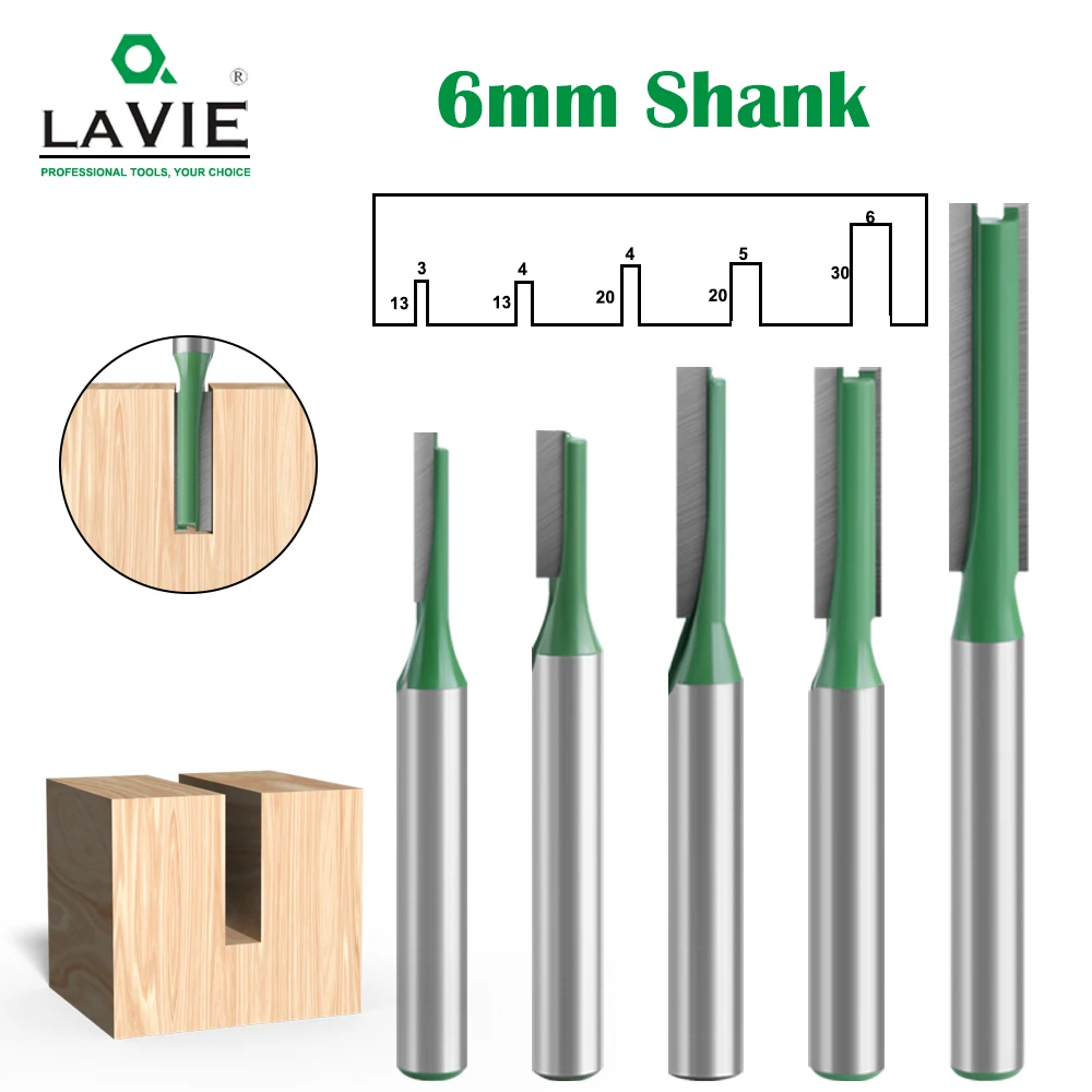 LAVIE 5 Stück 6 mm Schaft einzelner gerader Bit Doppelflöte Fräser für Holzfräser Holzbearbeitungswerkzeug MC06022