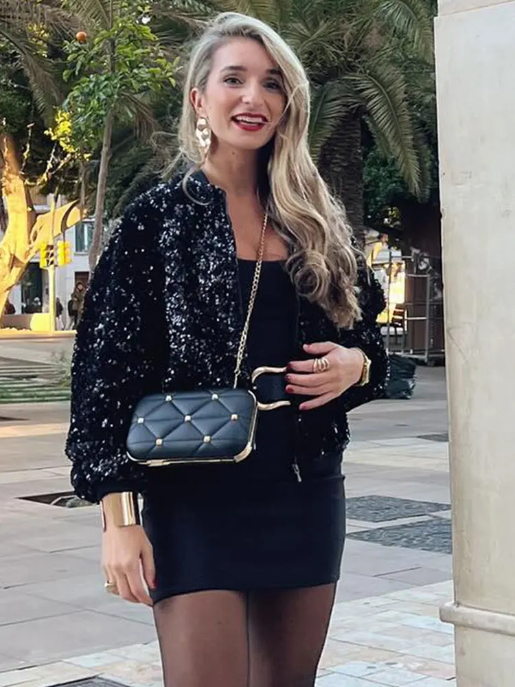 

Sequined Zippers Lantern Sleeve Short Jacket Autumn Winter Female Fashion High Streetwear 2023 Women Chic Round Neck Coat