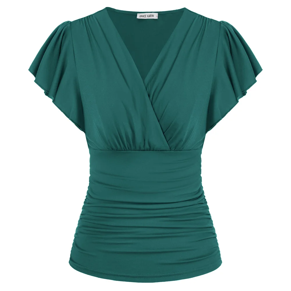 

GK Women Ruched Tops Casual Short Flounce Sleeve Surplice V-Neck Tops