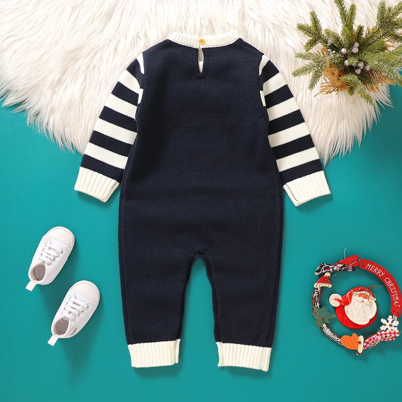 Baby Girls Boys Christmas Knit Romper Elk Pattern Stripe Long Sleeves Round Neck Full Length Jumpsuit baby sweater romper 0-18M