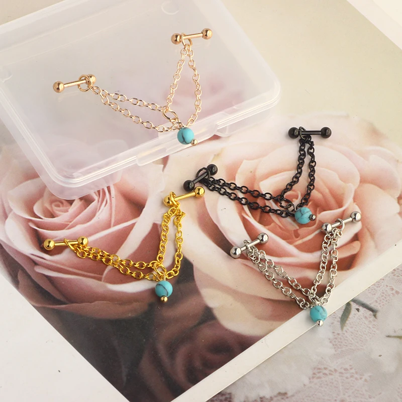 Stainless Steel Barbell Helix Cartilage Stud Earrings Chain Bead Dangle 16g Forward Helix Tragus Daith Conch Piercing J