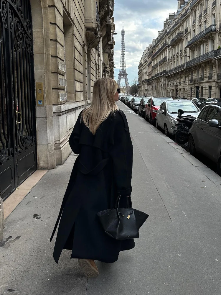 Elegant With Belt Black Long Coat For Women Oversize Woolen Double Button Lapel Overcoat Autumn New Lady High Street Outerwear 4