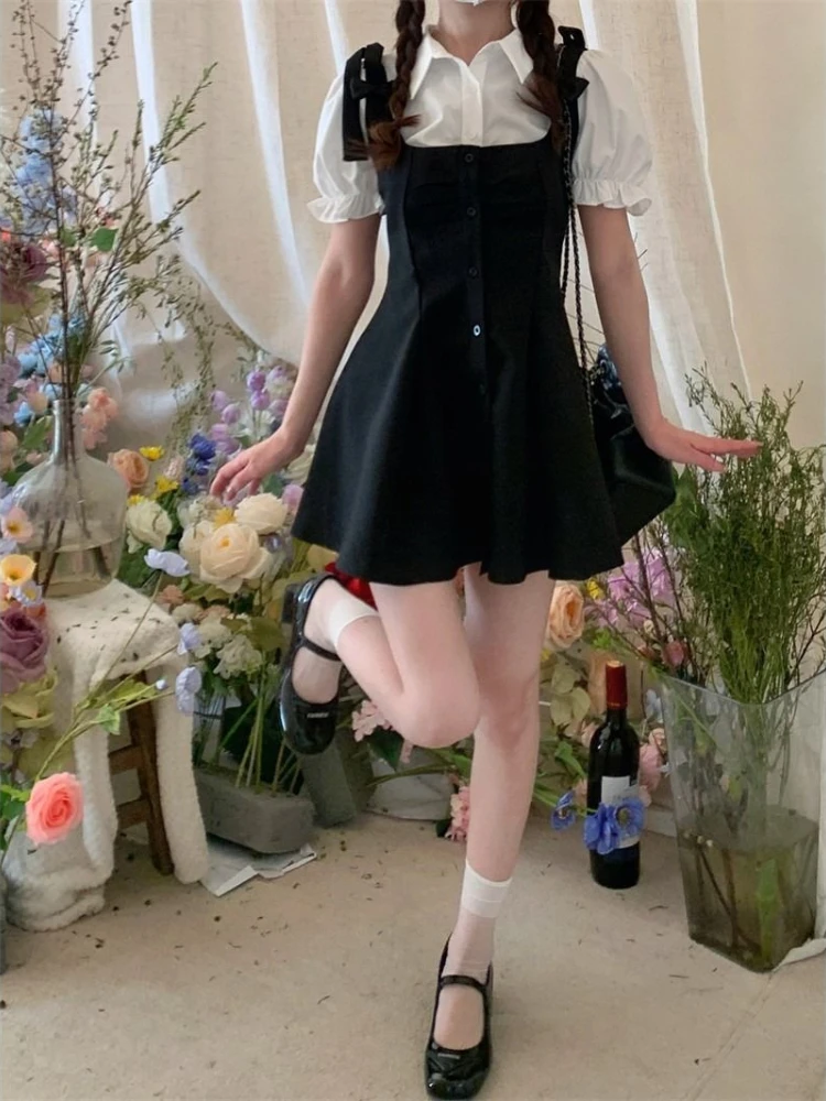 2025 Kawaii Preppy Style Suit Black Slip Dress White Blouse