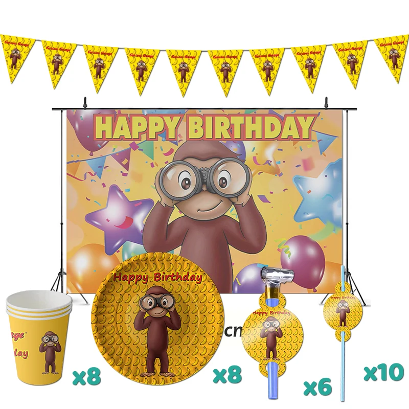 Curious George Birthday Party Decorations TV Show Baby First Theme Supplys Banner Cups Plates for Kids Banana