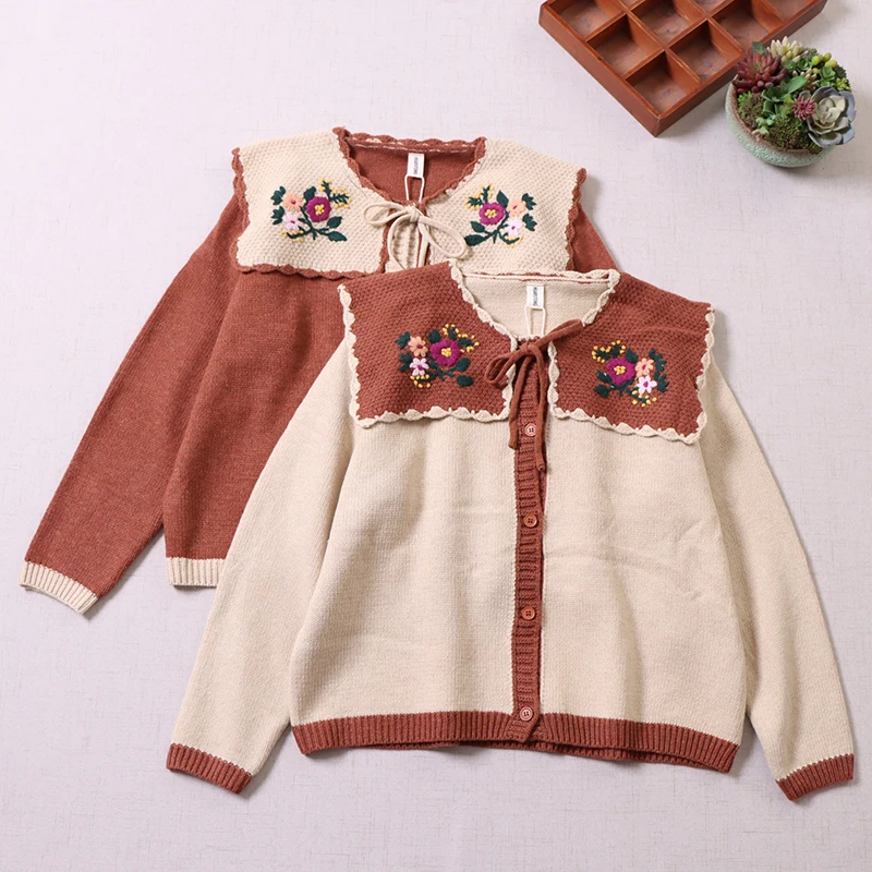 

Autumn New Sweet Embroidered Lapel Sweater Women Long Sleeve Cardigan Sweater HT16080