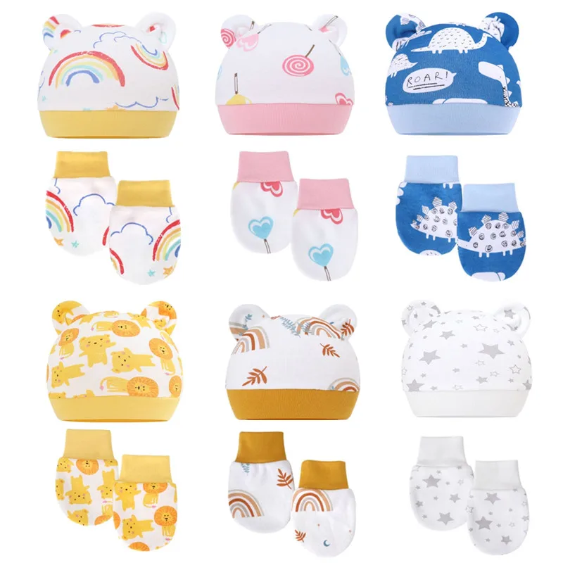 1 Set Spring Summer Baby Hat+Anti-Scratch Gloves Pure Cotton Thin Newborn Beanie Cap Unisex Cartoon Mittens Baby Shower Gift