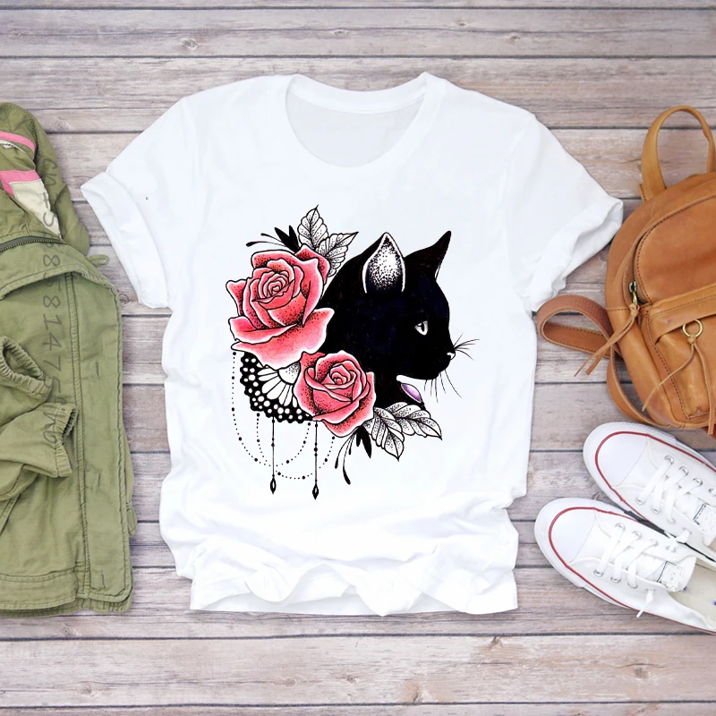 

Premium Women Printing Cartoon Cat Floral Flower Animal 90s Ladies Lady T-Shirts Top Womens Graphic T Shirt Female Tee T-Shirt
