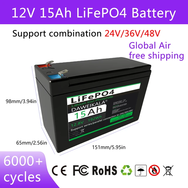 Batterie LiFePO4 12V 15ah, BMS 30a intégré pour pulvérisateur, contrôle d'accès, audio, UPS, jouets pour enfants, véhicule électrique, alimentation 12V 1