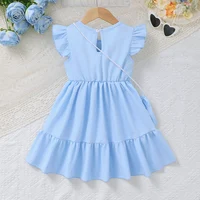 Robe d'été pour filles de 1 à 6 ans, 3 pièces, bleu, sans manches, style A-line, robe décontractée pour enfants avec fleurs en laine 3D + petite poche 2