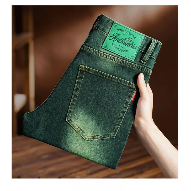 2024Summer emerald green jeans men's fashion simple high-end all-match stretch slim fit trendy casual nostalgic classic trousers
