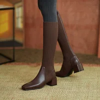 Women Knitted Long Boots  Autumn Winter New Knee High Socks Shoes Woman Fashion Slip on High Heels Retro Elastic Botas Mujer - Image 3