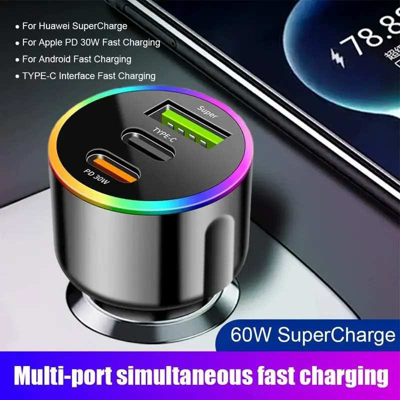 High-Speed 60W Dual-Port USB-C Car Charger Adapter