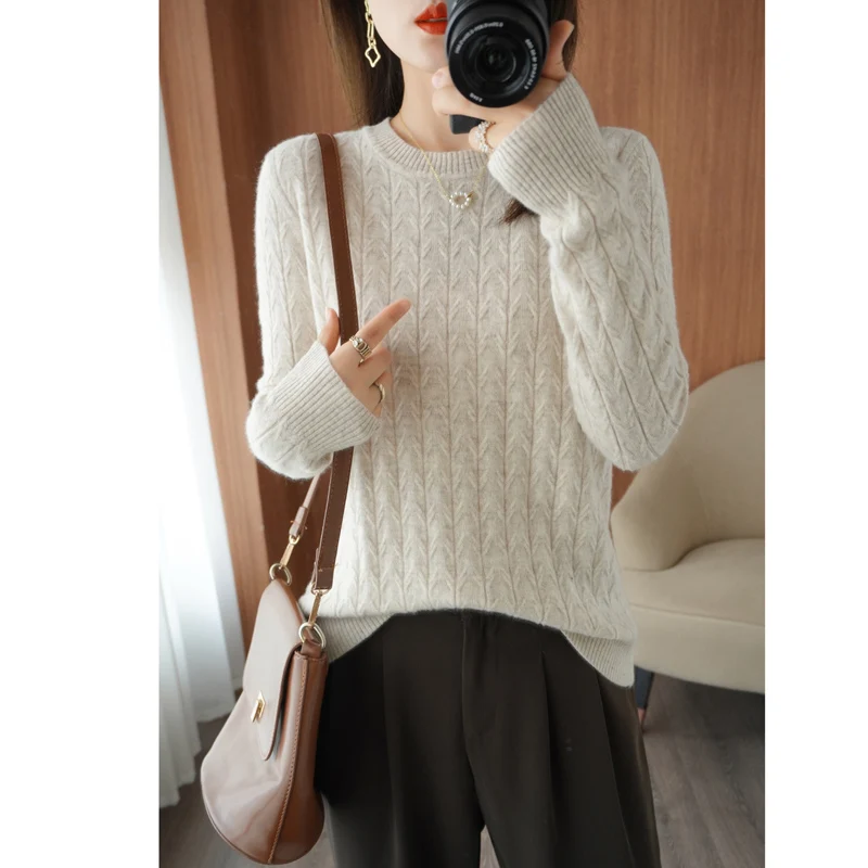 

New Round Neck Twist Wool Sweater Knitted Bottoming Shirt Simple And Loose Temperament Joker Pullover Long Sleeve Sweater