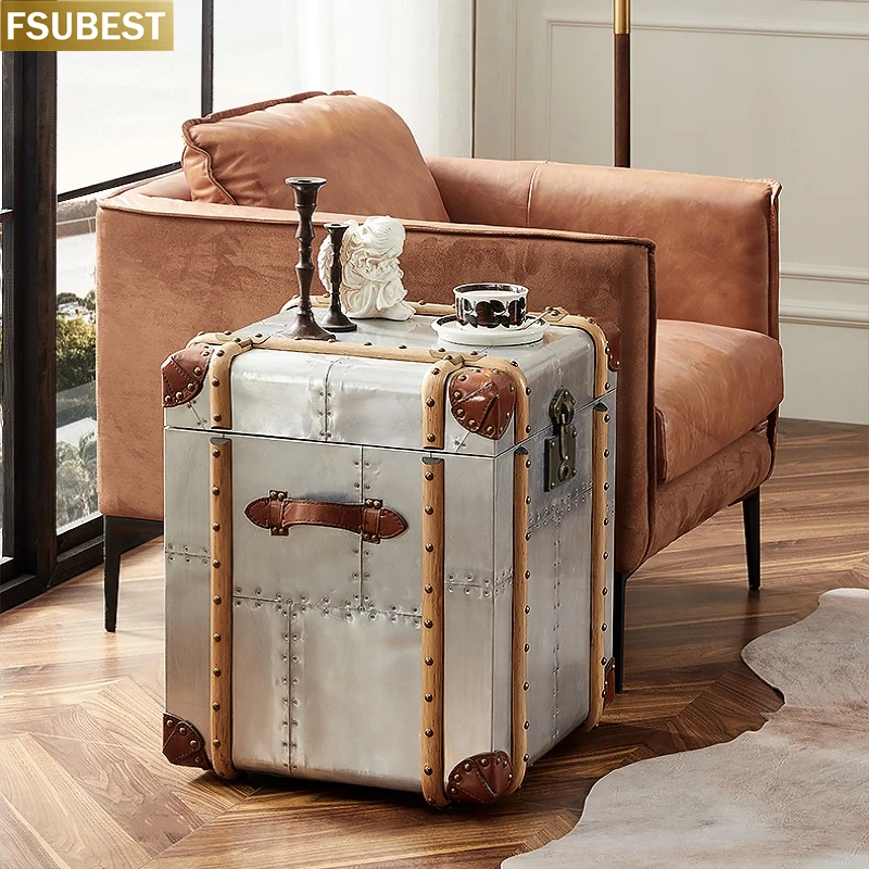 

FSUBEST Aluminum vintage Chester Living Room Storage Trunk Loft Style Furniture Vintage Aluminum Coffee Table Storage Cabinet