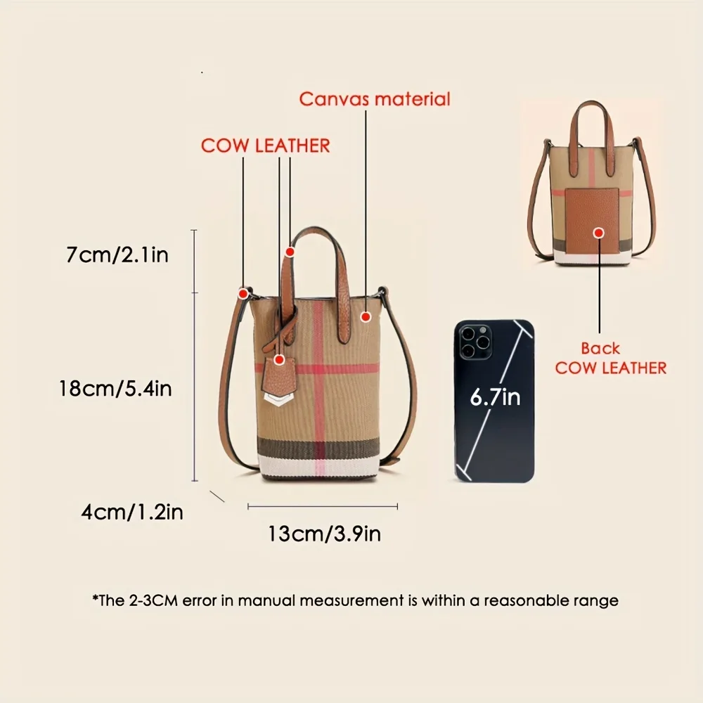 Retro Caramel Women's Crossbody Phone Bag - Stylish Checkered Pattern, Detachable Shoulder Strap, Compact Design for Daily Use 6