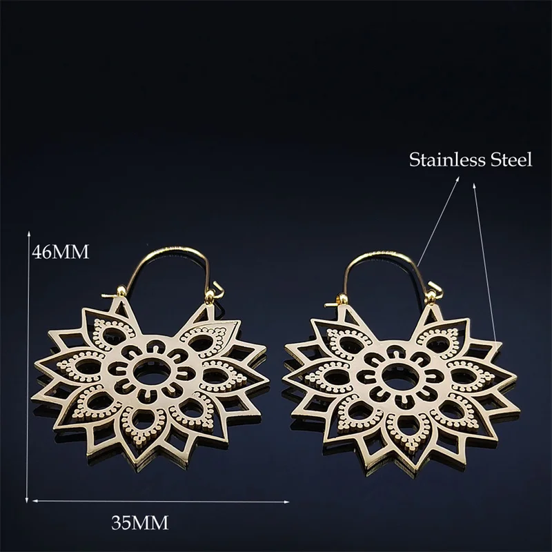 Trendy Yoga Lotus Flower Earrings Stainless Steel Gold Color Hoop Earrings for Women Jewelry boucles d'oreilles E9360S01 - Image 6