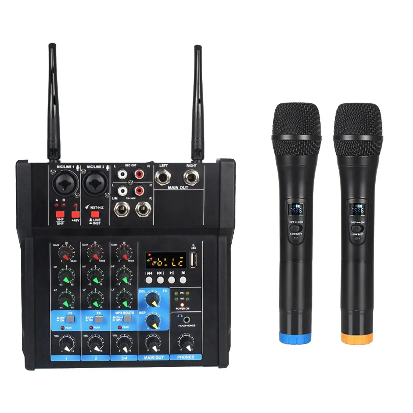 

4 Channel Audio Mixer with Dual Wireless Mic 48V Power Sound Board Console for DJ Mixing Party Recording Karaoke KTV UK Adapter