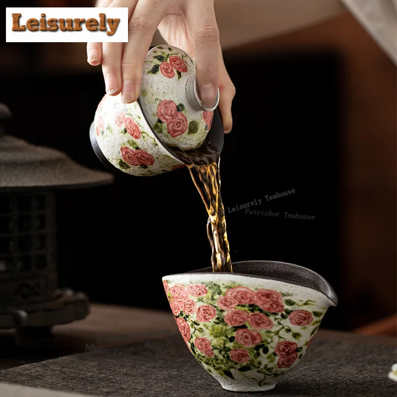 125ML Oil Painting Rose Flower Language Gaiwan Boutique Tea Tureen Tea Bowl with Lid Kit Tea Maker Cover Bowl for Tea Ornaments