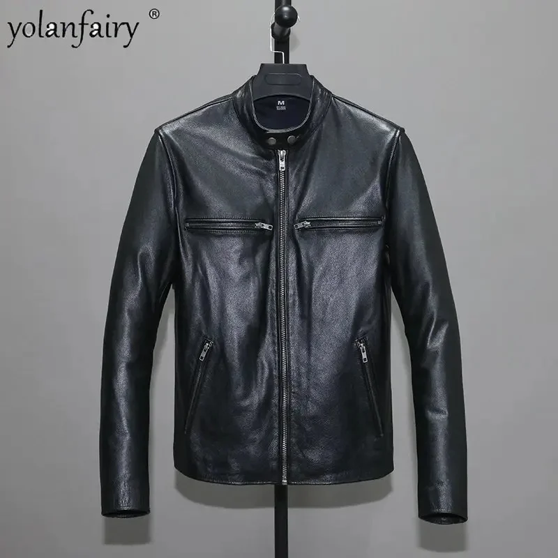 

Soft Cowhide Original Leather Jacket Men Top Coat Men's Slim Fit Short Stand Collar Multi Pocket Real Wear FC