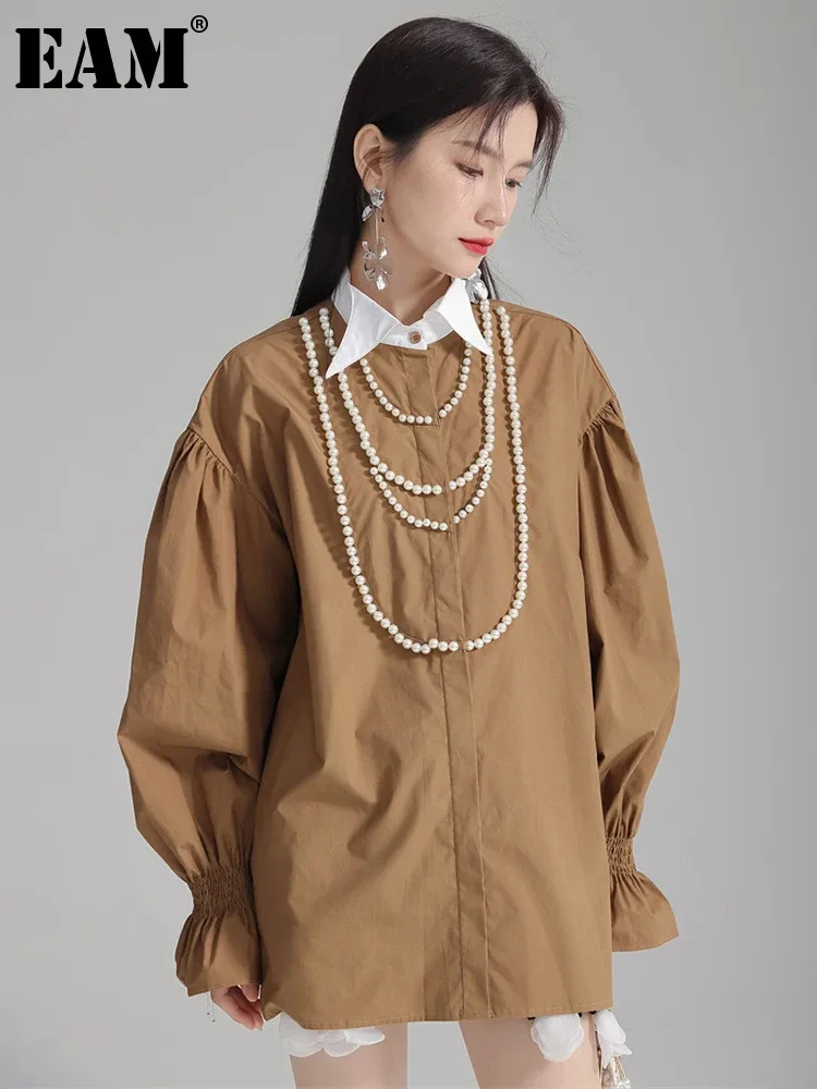 

[EAM] Women Pearl Elegant Color-block Big Size Blouse New Lapel Long Flare Sleeve Shirt Fashion Spring Autumn 2024 1DH4001