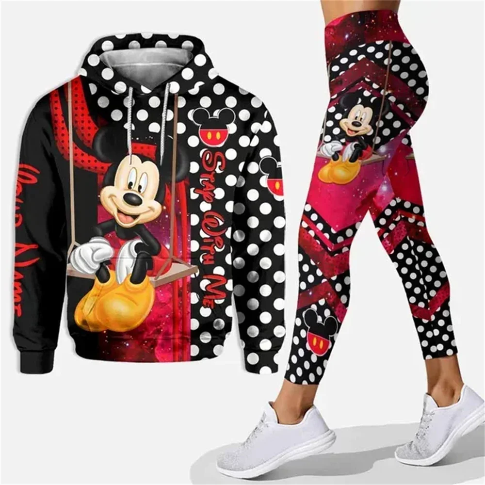 Disney-Sweat à capuche imprimé Minnie Mouse pour femme, ensemble à capuche 3D, pantalon de yoga Minnie, leggings, mode décontrac 3