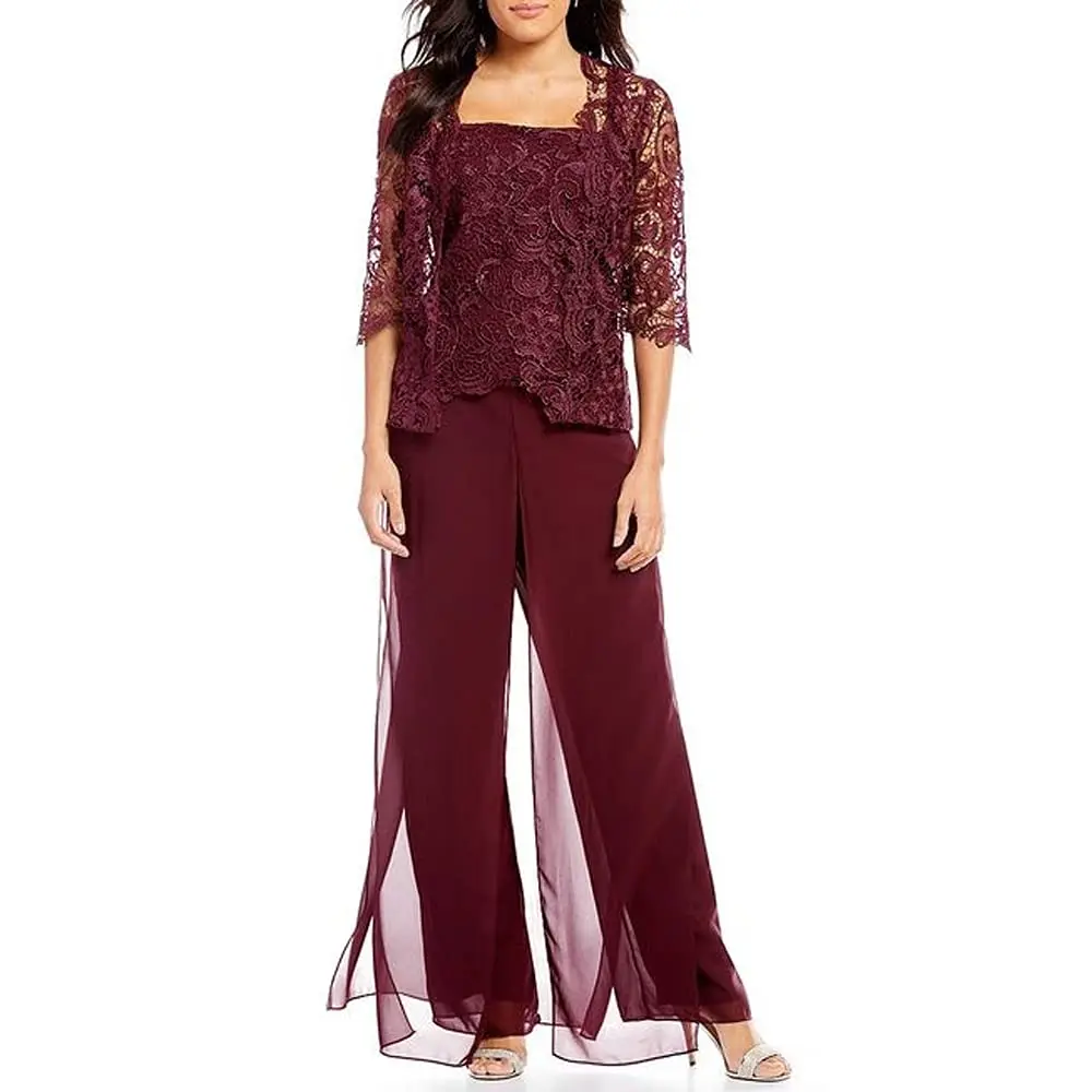 

Three Pieces Set Lace Jacekt Mother of Bride Dress Jumpsuit Half Sleeves Wedding Guest Chiffon Tank Top Maxi Homecoming Gowns