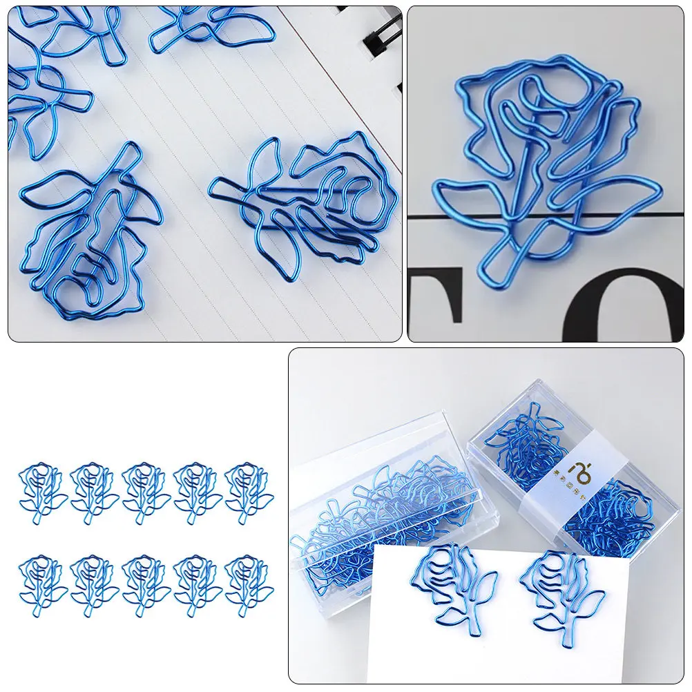 10Pcs 블루 로즈 종이 클립 사무실 파일 문서를위한 절묘한 금속 모양의 클립 노트북 플래너 사용 모양의 종이 클립
