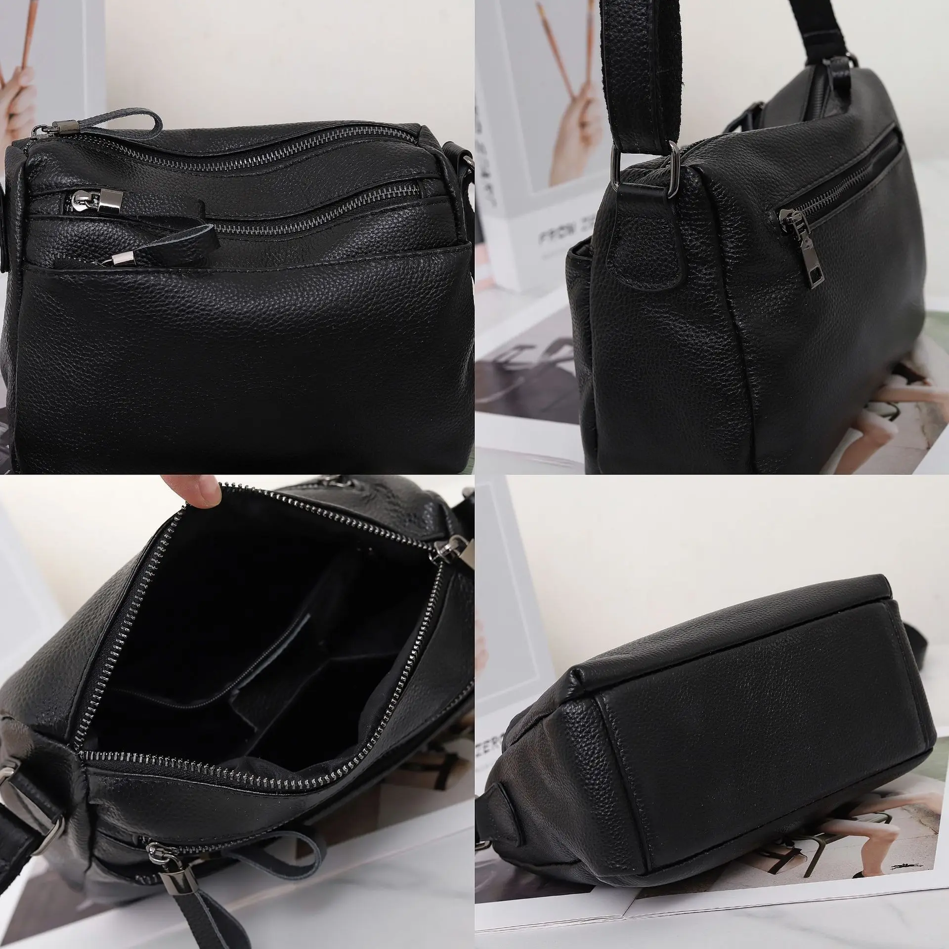 Women's Genuine Leather Crossbody Bag, Multi-Pocket Organizer Tote, Diaper Bag for Moms, Full-Grain Leather Handmade Purse 3