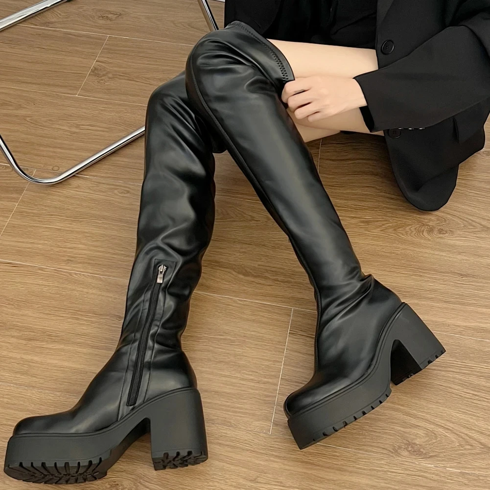 

LMCAVASUN Round Toe Over-knee High Women Boots Thick High Heels Chunky Bottom Solid Concise Shoes For Women Add Fur Women Boots