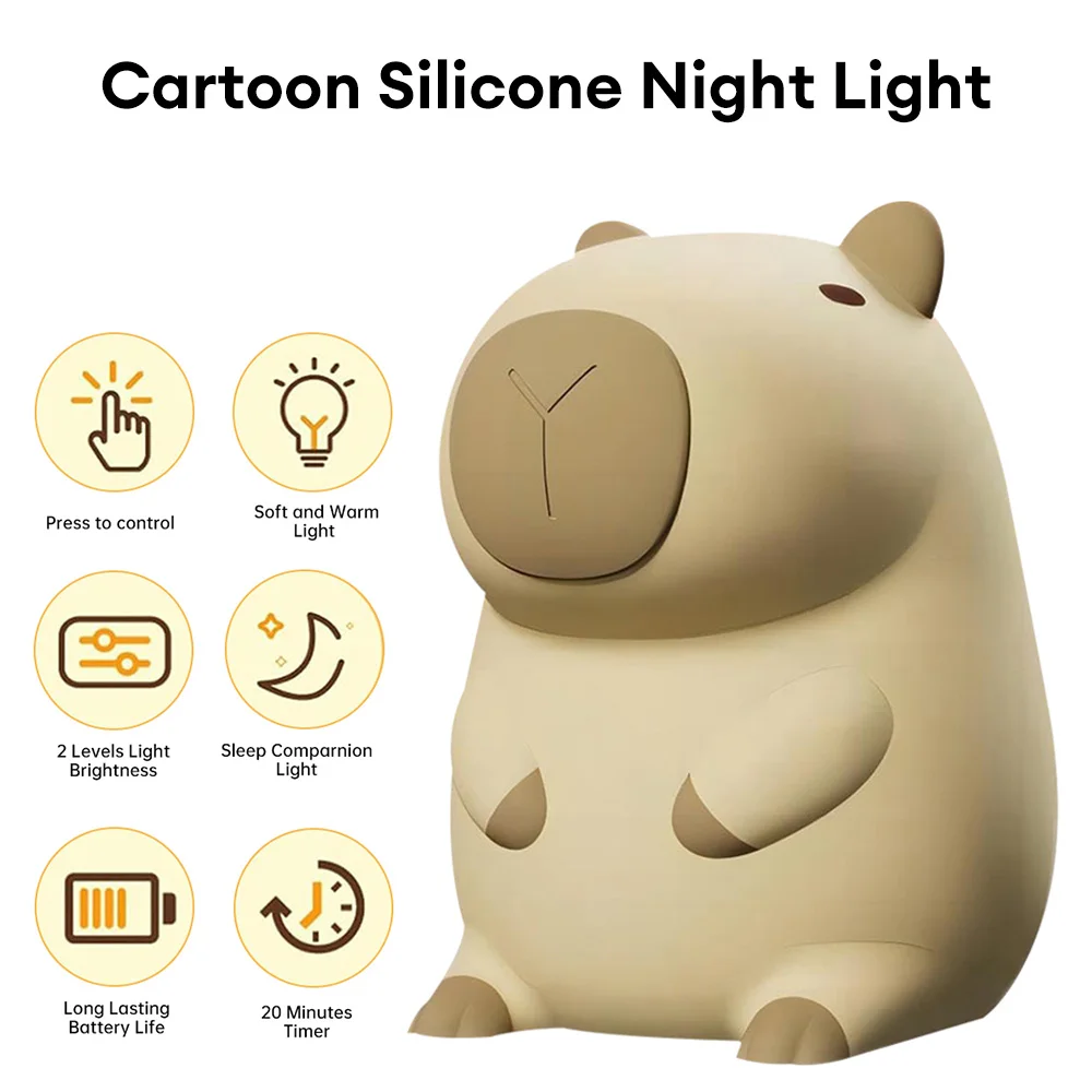 Śliczne kreskówki Capybara Silicone Night Light USB Ładowalny czas Przyciemnianie sennej lampy nocnej do dekoracji pokoju dziecięcego
