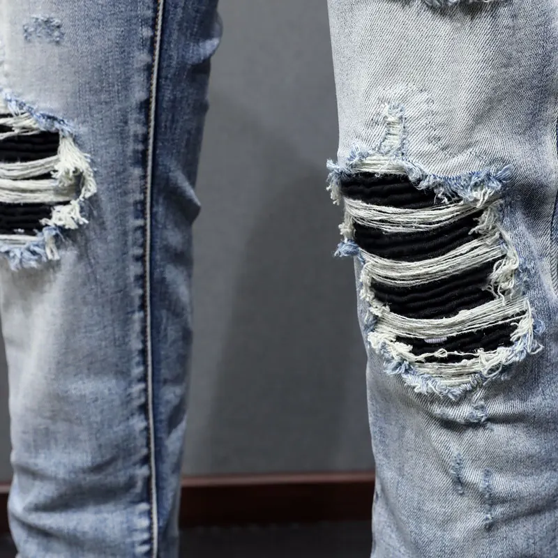 Streetwear Fashion Men Jeans Retro Blue Stretch Skinny Fit Ripped Jeans Men Printed Designer Patched Hip Hop Brand Pants Hombre