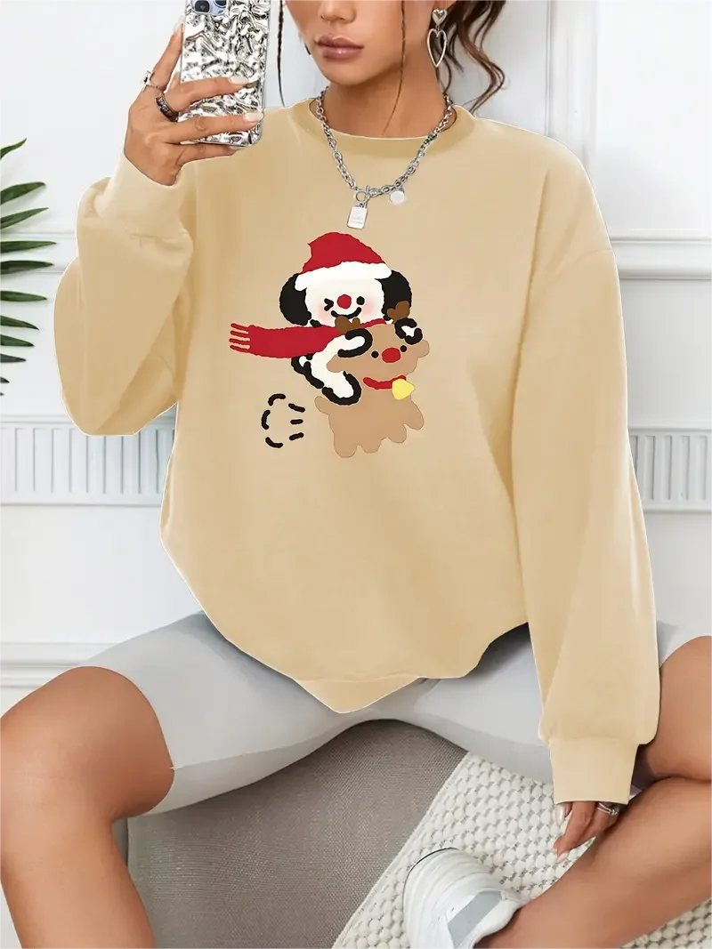Christmas Cute Puppy & Reindeer Print Pullover Casual Loose Fashion Long-Sleeved Sweatshirt Solid Color Women's Clothing