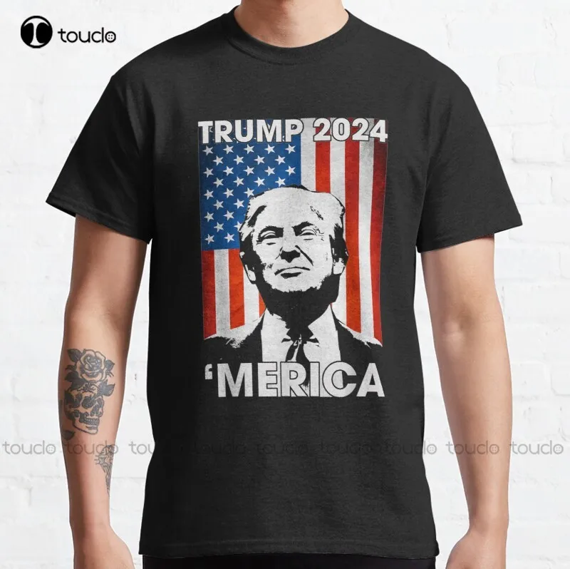 

New Trump 2024 Merica American Flag 4Th Of July Murica Patriotic Classic T-Shirt Cotton Tee Shirt T-Shirts For Men Custom Gift