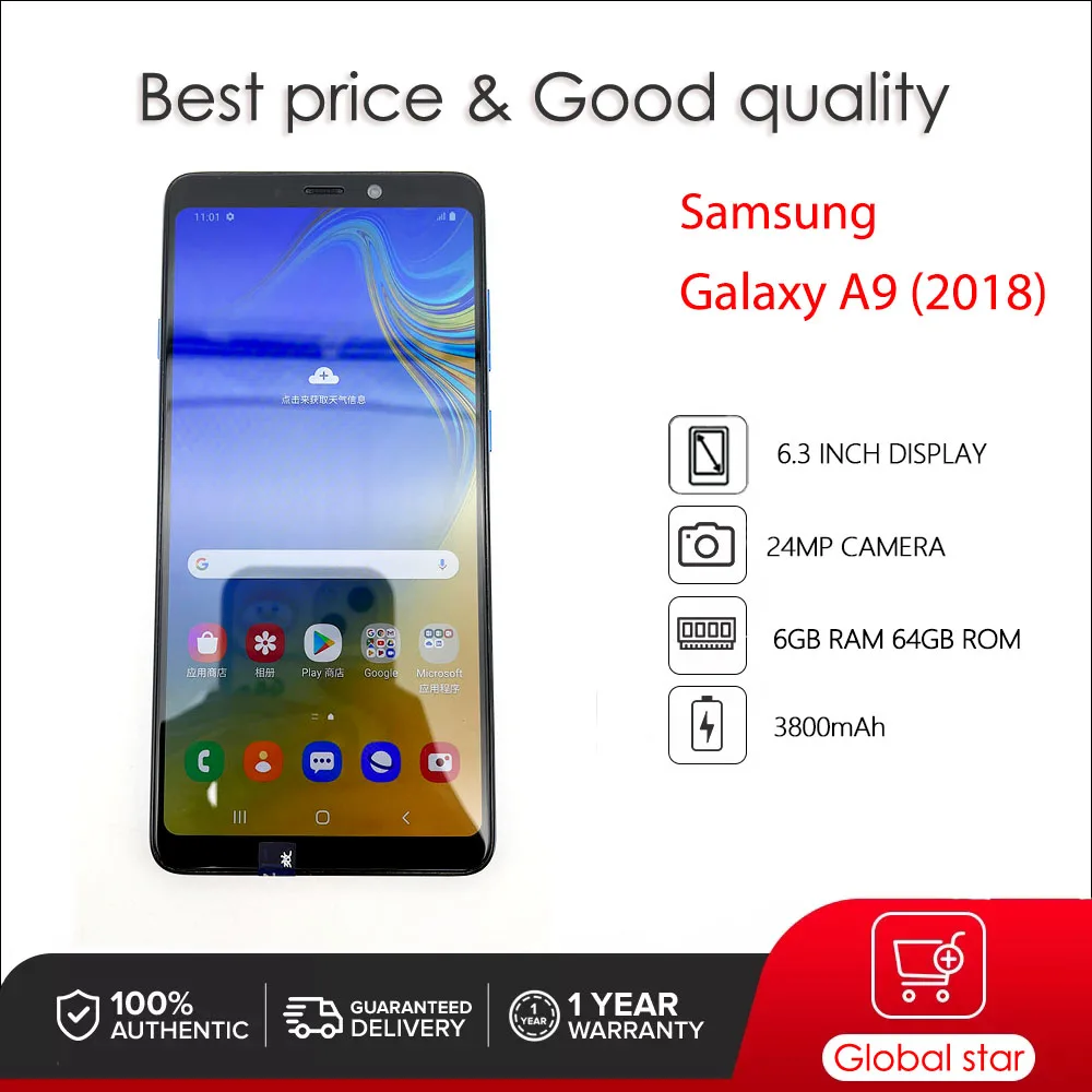 

Original unlock Used Samsung Galaxy A9 (2018) A920F Dual SIM 6GB RAM 64GB ROM 6.0" 24MP 3800mAh Fingerprint Smartphone CellPhone
