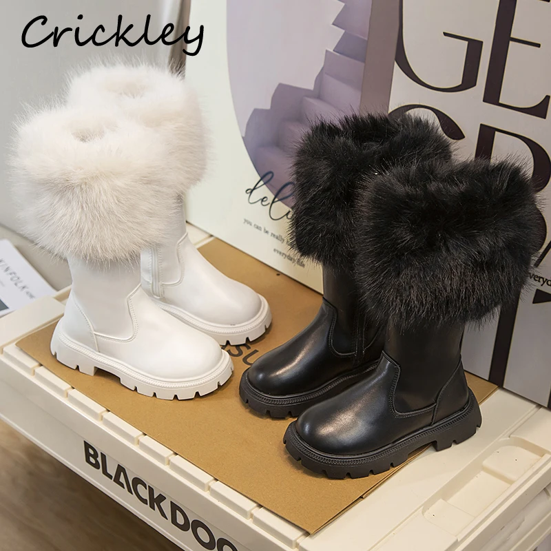 

Design Solid Faux Fur Girls Fashion Boots Winter Turned Over Edge Children Knee High Shoes PU Zip Plush Warm Kids Long Boots