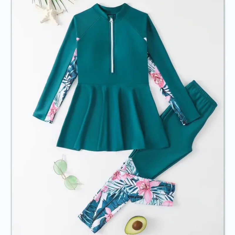 فتاة قطعتين 5-12 سنة الأطفال تنورة طويلة الأكمام ملابس السباحة طفل زهرة طباعة ملابس السباحة بوركيني مسلم ثوب السباحة