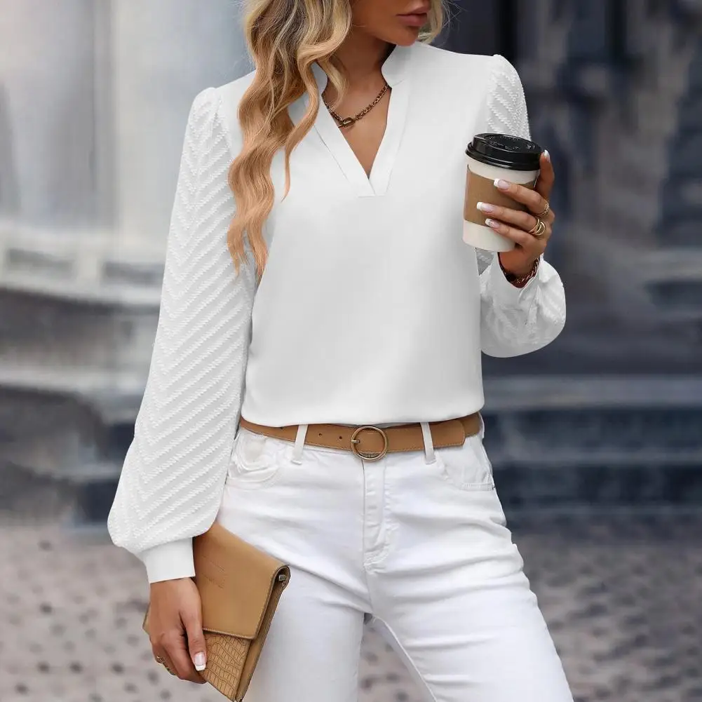 Casual Long Sleeve Blouse Stylish Women's Stand Collar V Neck Long Sleeve Blouse for Fall Spring Soft Breathable Loose for Ol